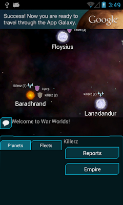 Starfield view showing empire icons and fleet icons around the stars